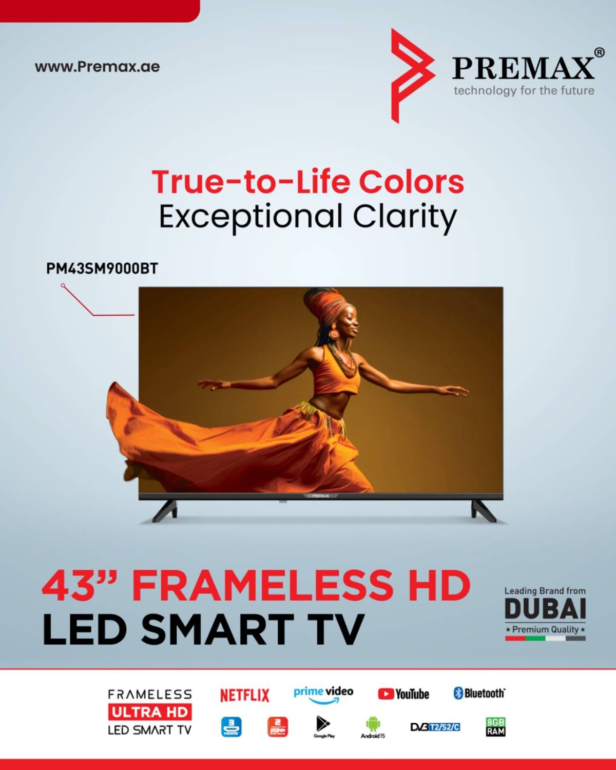 PREMAX 43” Frameless HD LED Smart TV Model: PM43SM9000BT