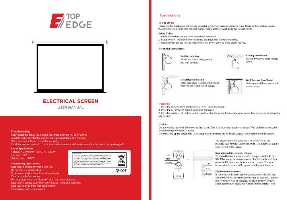 TOP EDGE 300 × 300CM ELECTRONIC PROJECTOR SCREEN 