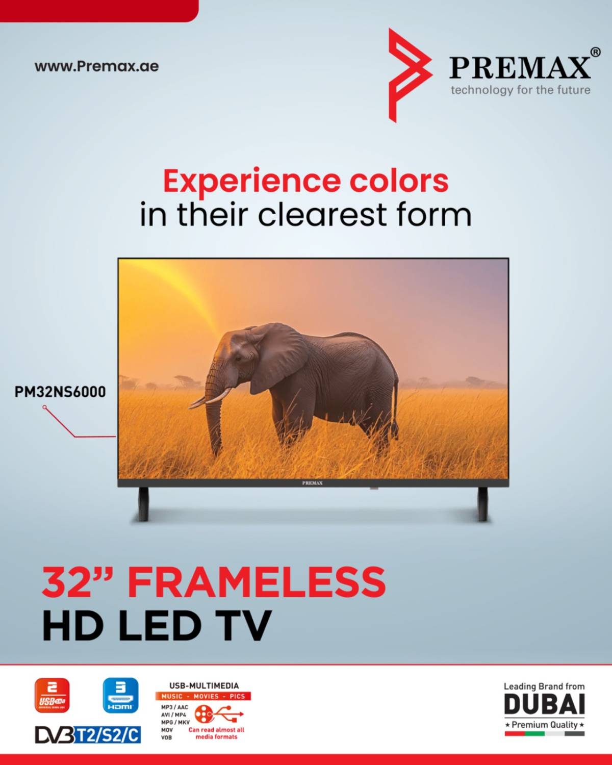 PREMAX 32” FRAMELESS HD LED TV  Model: PM32NS6000